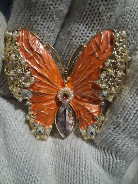 Gold-Tone Orange Butterfly Brooch with Crystal & Pearl Detail